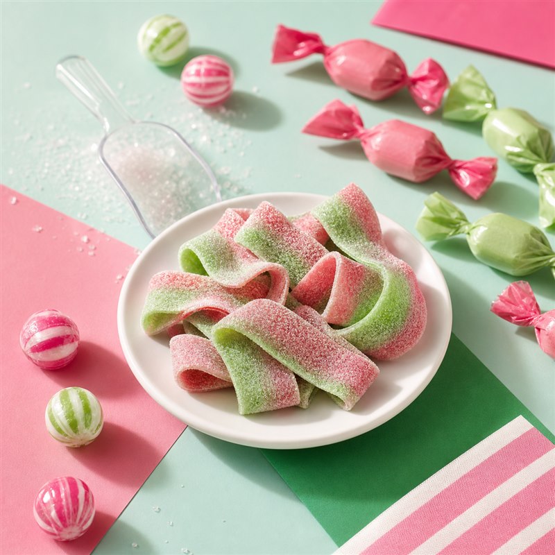 Pink and green Watermelon Pucker candy jerky in a colorful candy-shop scene