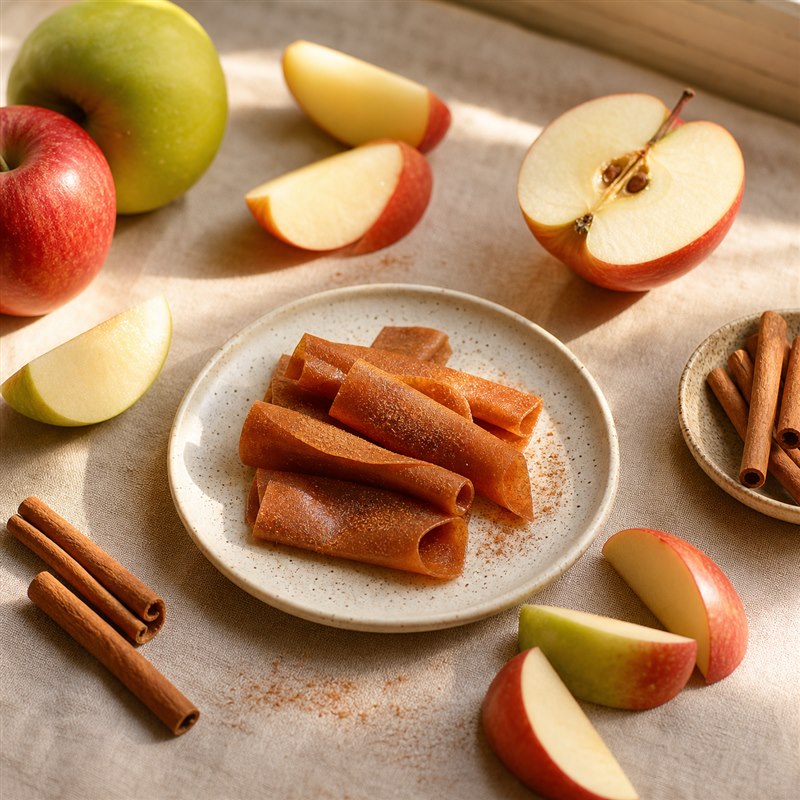 Apple Cinnamon fruit jerky served with fresh apples and cinnamon