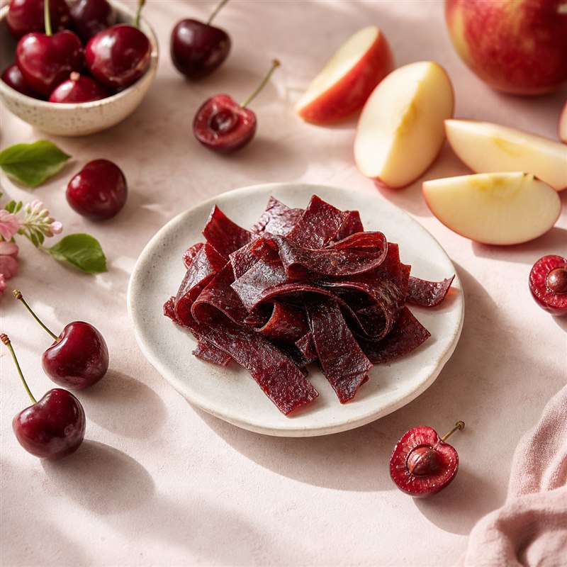 Cherry Apple fruit jerky served with fresh cherries and apples