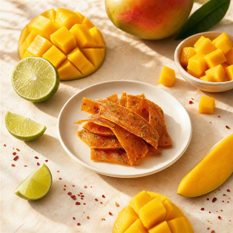 Mango Chili-Lime fruit jerky served with fresh mango and lime